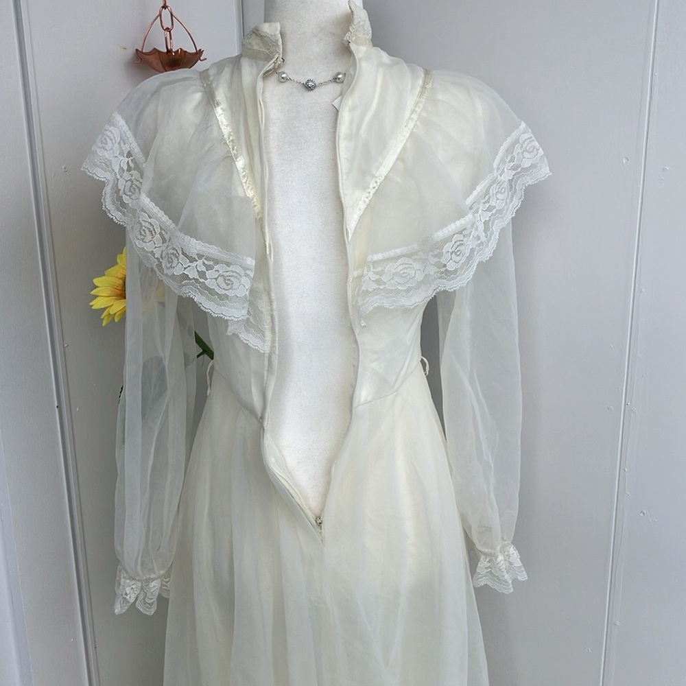 Vintage 70s Floor-Length Maxi Cream High Neck Ruffle Cream Prairie Wedding Dress - Picture 12 of 14